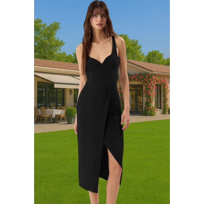 Kadın Bodycon Midi Elbise Örme Kumaş Büzgü Detaylı Mezuniyet Elbisesi Dayanıklı Malzeme