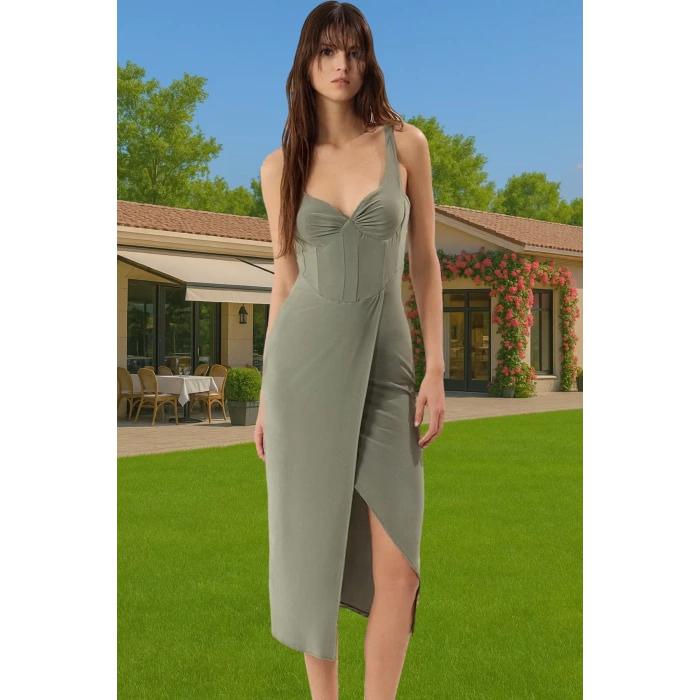 Kadın Bodycon Midi Elbise Örme Kumaş Büzgü Detaylı Mezuniyet Elbisesi Dayanıklı Malzeme