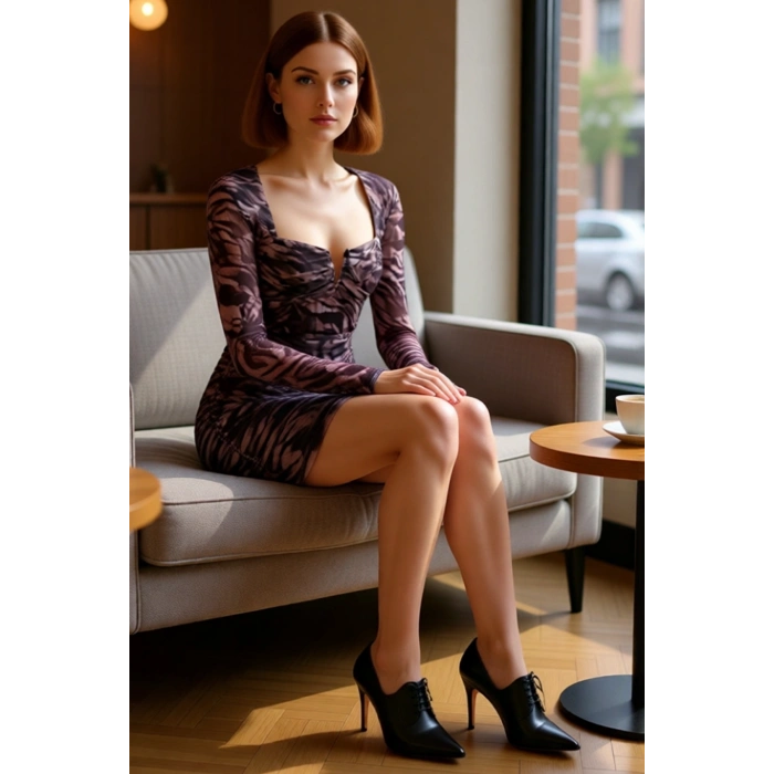 Kadın Bodycon Mini Elbise Uzun Kollu Kalp Yaka Animal Desenli Tül Örme Astarlı Kokteyl Şıklığı