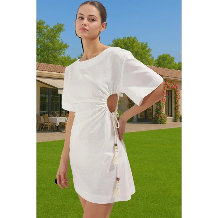 Kadın Bodycon Mini Pamuk Plaj Elbisesi Cut Out Detaylı Yüksek Kalite Trend Tasarım Mükemmel Uyum