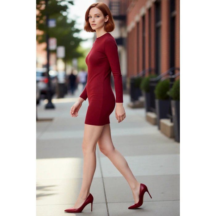 Kadın Bodycon Mini Uzun Kollu Fitilli Örme Elbise Bisiklet Yakalı Rahat Günlük Şıklık Sunar