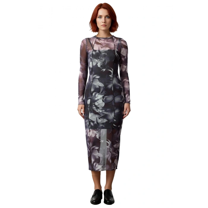 Kadın Bodycon Örme Midi Elbise Astarlı Tül Kumaş Uzun Kollu Bisiklet Yaka Desenli Şık Tasarım