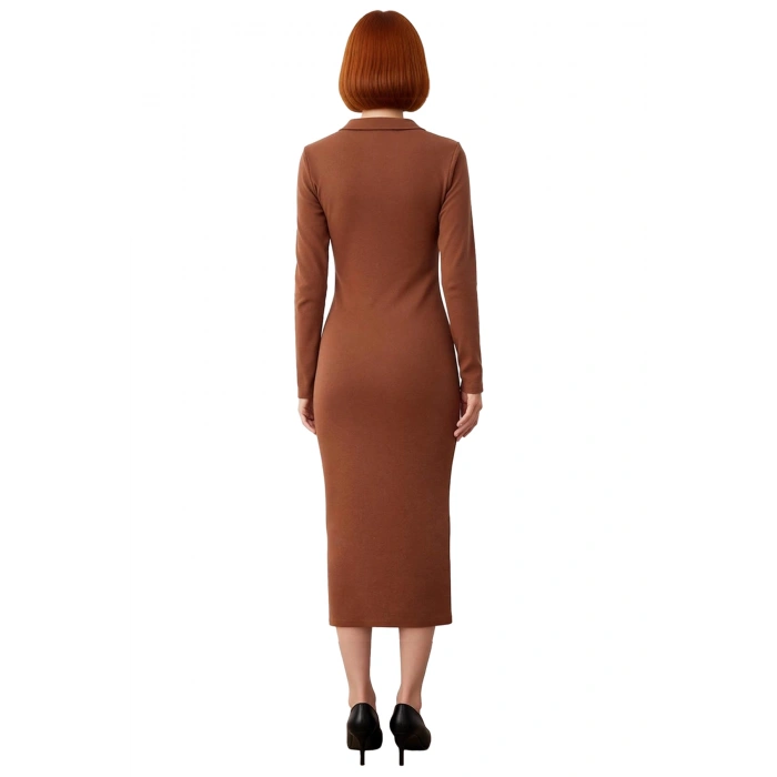 Kadın Bodycon Polo Yaka Uzun Kollu Maxi Örme Elbise Fitilli Tasarımıyla Kış Şıklığı Sunar Kaliteli