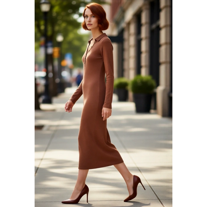 Kadın Bodycon Polo Yaka Uzun Kollu Maxi Örme Elbise Fitilli Tasarımıyla Kış Şıklığı Sunar Kaliteli