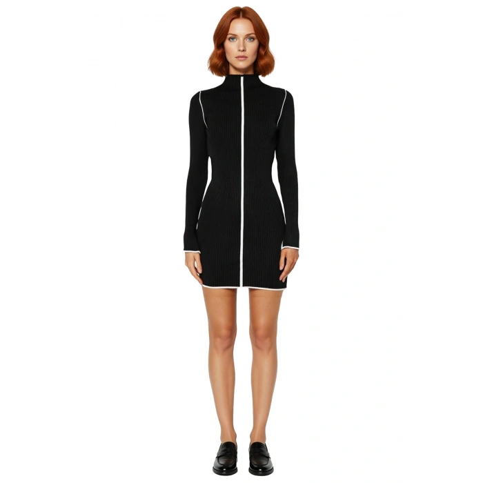 Kadın Bodycon Uzun Kollu Dik Yaka Fitilli Renk Bloklu Mini Triko Elbise Kış Kombinleri İçin Şık Ve