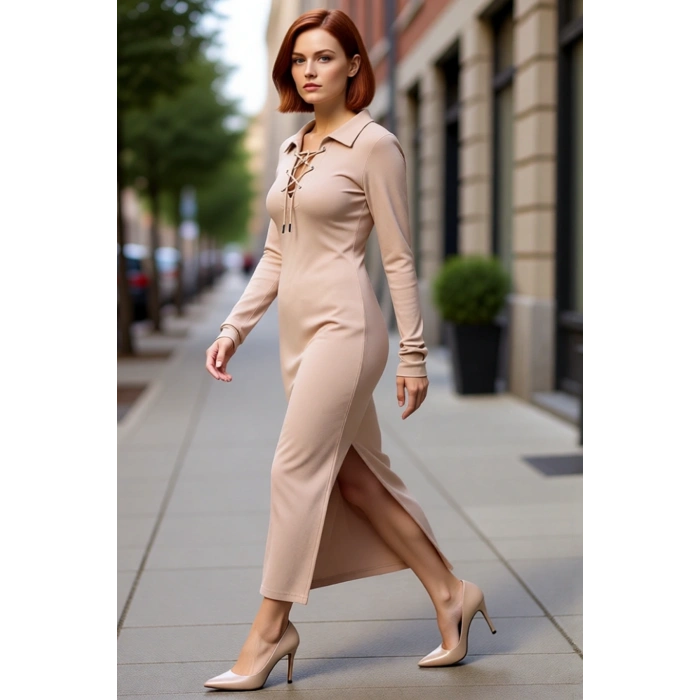 Kadın Bodycon Uzun Kollu Pamuklu Fitilli Midi Elbise Polo Yaka Bağlama Detaylı Şık Günlük Stile