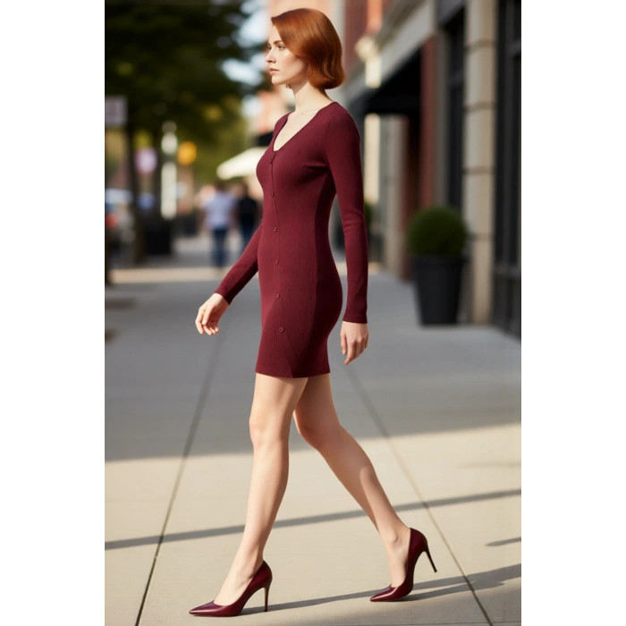 Kadın Bodycon V Yaka Düz Desen Asimetrik Düğmeli Kısa Örme Elbise Kış Kombinlerinin Vazgeçilmezi