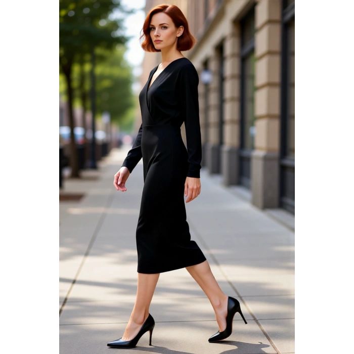 Kadın Bodycon V Yaka Kruvaze Midi Elbise Şık Düz Desenli Uzun Düşük Kol Detaylı Örme Kışlık Smart