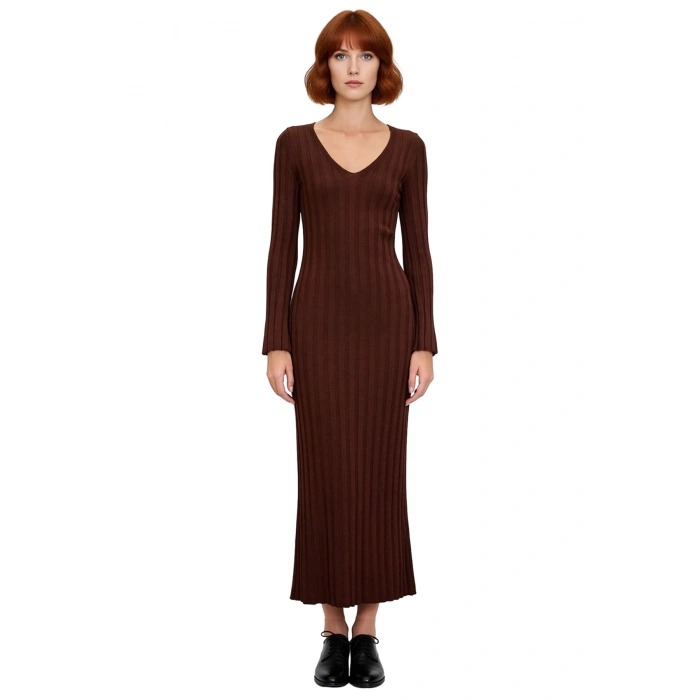 Kadın Bodycon V Yaka Maxi Boy Uzun Kollu Düz Desen Triko Elbise Kış Sezonu İçin Şık Ve Rahat