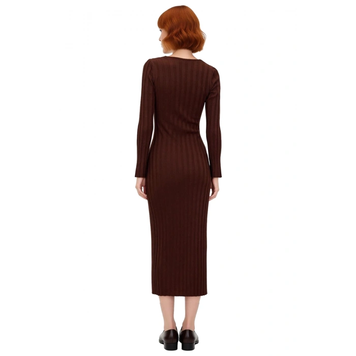 Kadın Bodycon V Yaka Maxi Boy Uzun Kollu Düz Desen Triko Elbise Kış Sezonu İçin Şık Ve Rahat