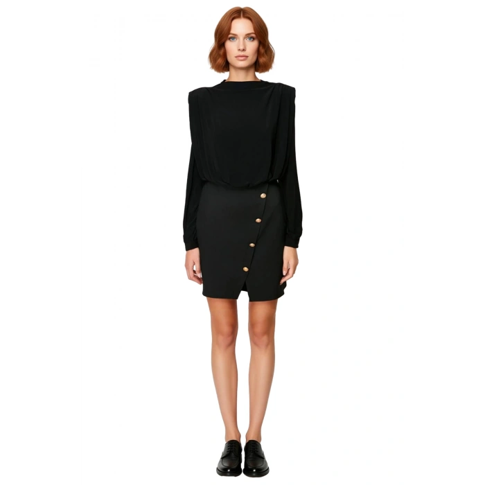 Kadın Bodycon Vatkalı Dik Yaka Uzun Balon Kollu Düğme Detaylı Dokuma Mini Elbise Şık Kışlık