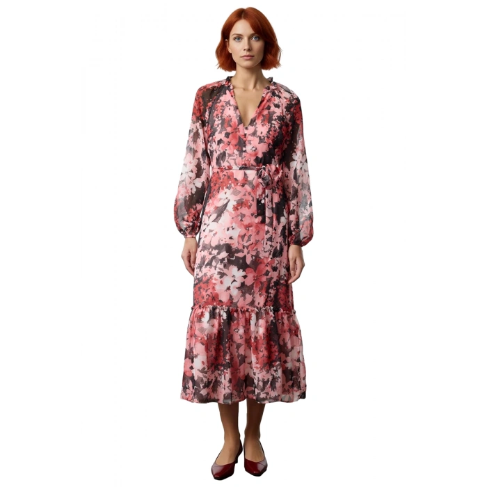 Kadın Bohem Şal Desenli Kuşaklı Midi Dokuma Elbise V Yaka Astarlı Uzun Kollu A Kesim Şifon Günlük