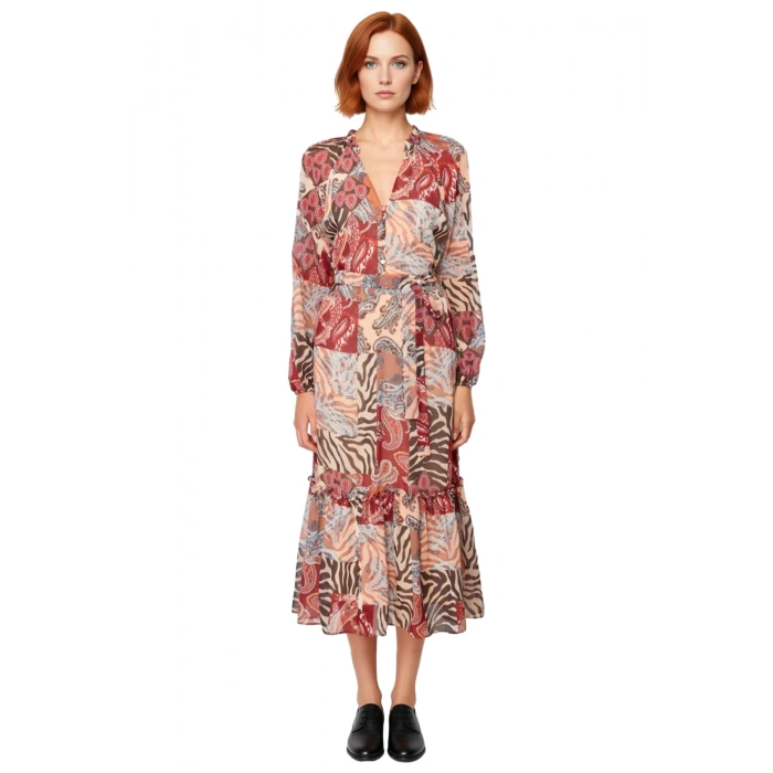 Kadın Bohem Şal Desenli Kuşaklı Midi Dokuma Elbise V Yaka Astarlı Uzun Kollu A Kesim Şifon Günlük