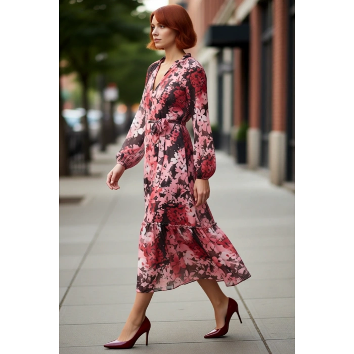 Kadın Bohem Şal Desenli Kuşaklı Midi Dokuma Elbise V Yaka Astarlı Uzun Kollu A Kesim Şifon Günlük