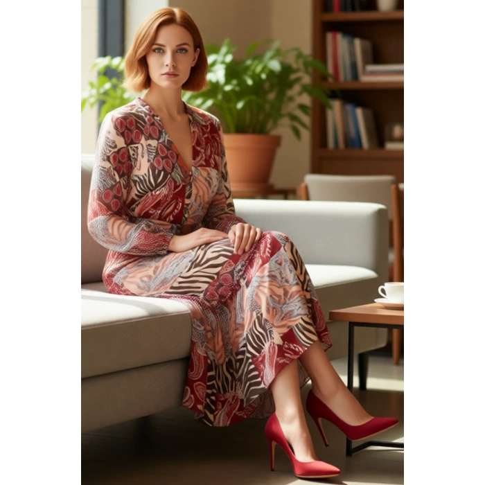 Kadın Bohem Şal Desenli Kuşaklı Midi Dokuma Elbise V Yaka Astarlı Uzun Kollu A Kesim Şifon Günlük