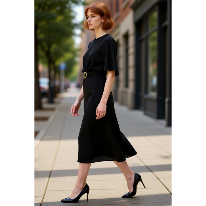 Kadın Bordo A line Kesim Midi Boy Düz Mat Saten Dokuma Elbise Aksesuar Detaylı Şık Bisiklet Yaka