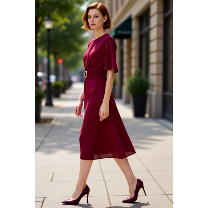 Kadın Bordo A line Kesim Midi Boy Düz Mat Saten Dokuma Elbise Aksesuar Detaylı Şık Bisiklet Yaka