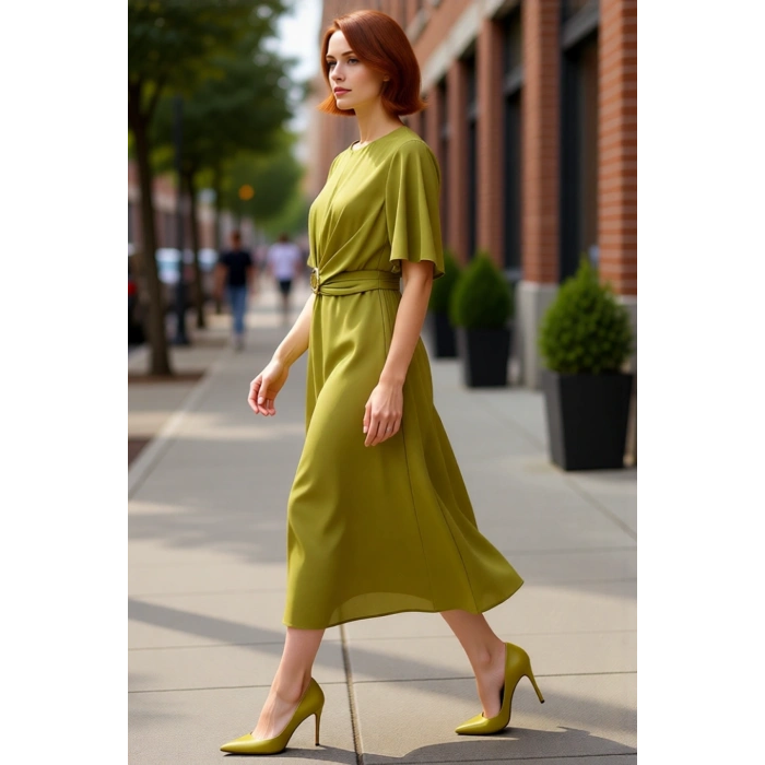 Kadın Bordo A line Kesim Midi Boy Düz Mat Saten Dokuma Elbise Aksesuar Detaylı Şık Bisiklet Yaka