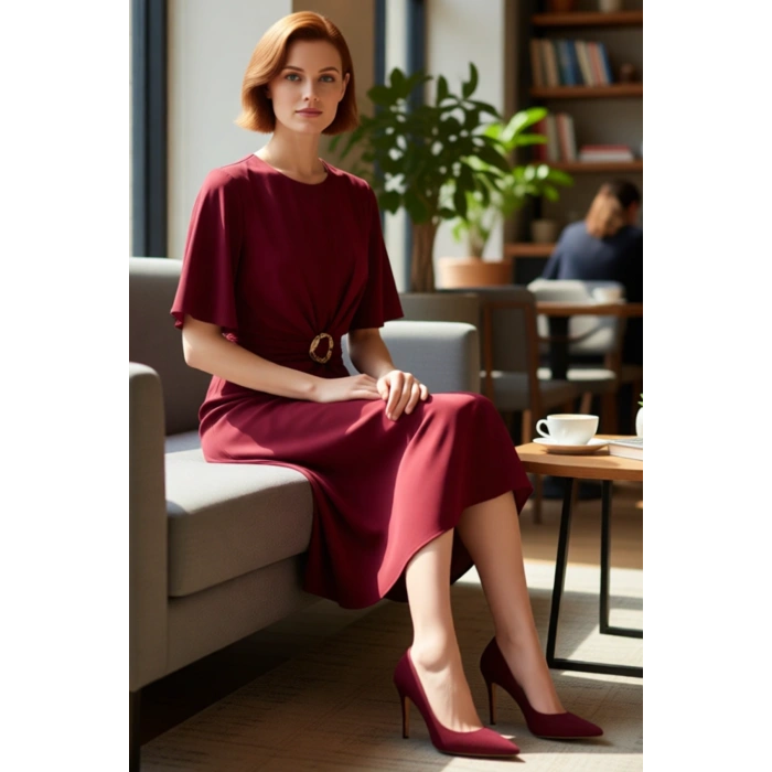 Kadın Bordo A line Kesim Midi Boy Düz Mat Saten Dokuma Elbise Aksesuar Detaylı Şık Bisiklet Yaka