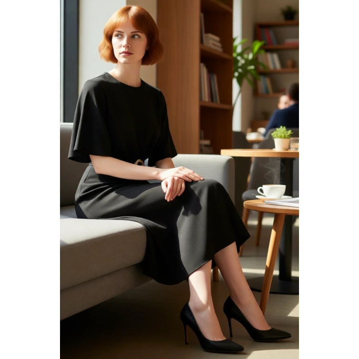 Kadın Bordo A line Kesim Midi Boy Düz Mat Saten Dokuma Elbise Aksesuar Detaylı Şık Bisiklet Yaka