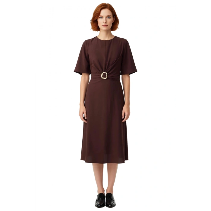 Kadın Bordo A line Kesim Midi Boy Düz Mat Saten Dokuma Elbise Aksesuar Detaylı Şık Bisiklet Yaka