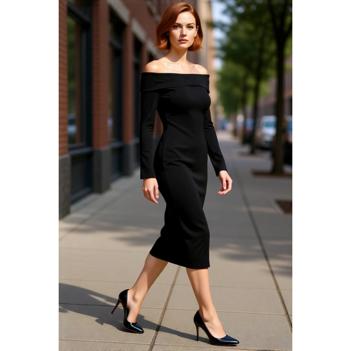 Kadın Bordo Bodycon Kalıp Carmen Yaka Uzun Kollu Örme Midi Elbise Şık Gündüz Gece Kombinleri İçin