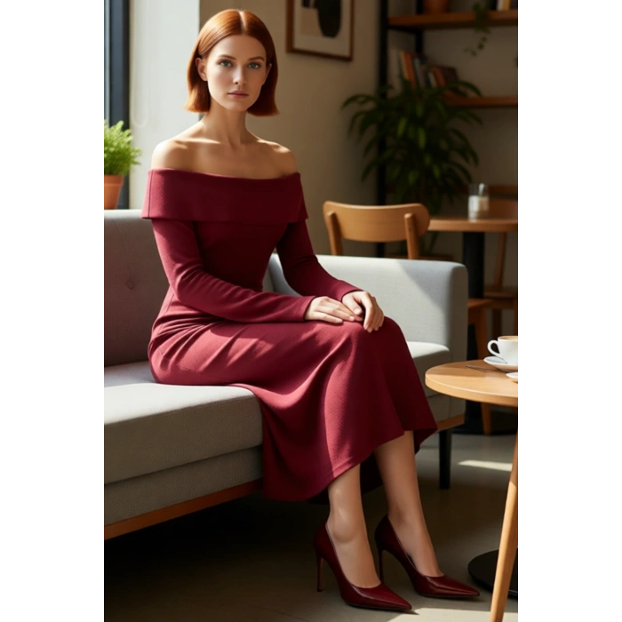 Kadın Bordo Bodycon Kalıp Carmen Yaka Uzun Kollu Örme Midi Elbise Şık Gündüz Gece Kombinleri İçin