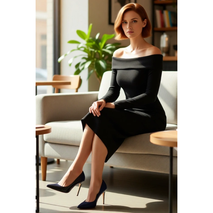 Kadın Bordo Bodycon Kalıp Carmen Yaka Uzun Kollu Örme Midi Elbise Şık Gündüz Gece Kombinleri İçin