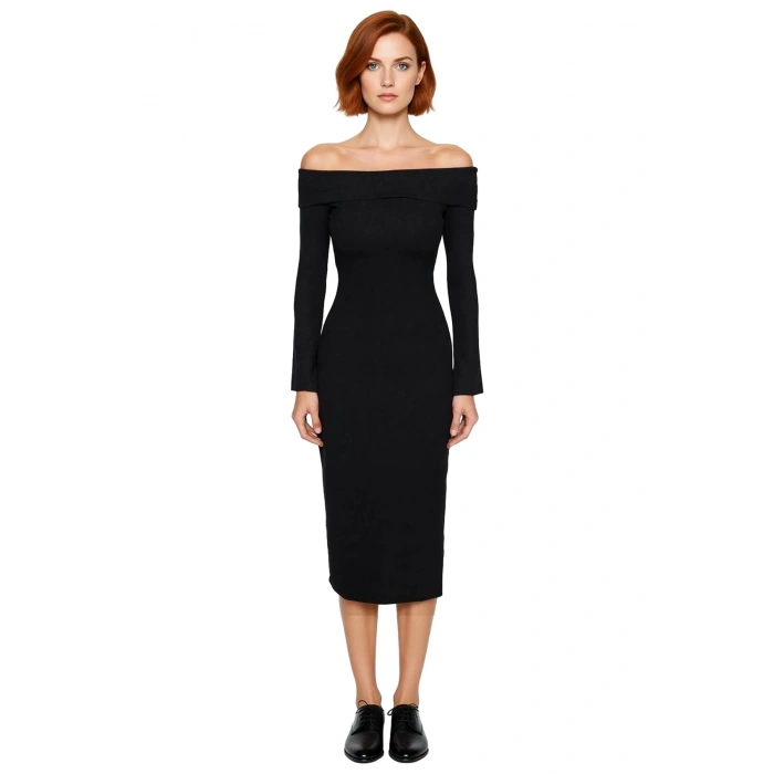 Kadın Bordo Bodycon Kalıp Carmen Yaka Uzun Kollu Örme Midi Elbise Şık Gündüz Gece Kombinleri İçin