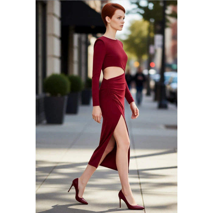 Kadın Bordo Bodycon Kesim Uzun Kollu Cut Out Detaylı Şık Maxi Elbise Gece Mezuniyet Davetleri