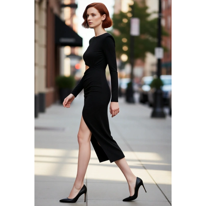 Kadın Bordo Bodycon Kesim Uzun Kollu Cut Out Detaylı Şık Maxi Elbise Gece Mezuniyet Davetleri