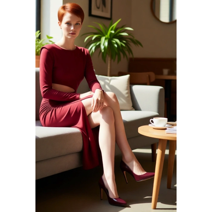 Kadın Bordo Bodycon Kesim Uzun Kollu Cut Out Detaylı Şık Maxi Elbise Gece Mezuniyet Davetleri