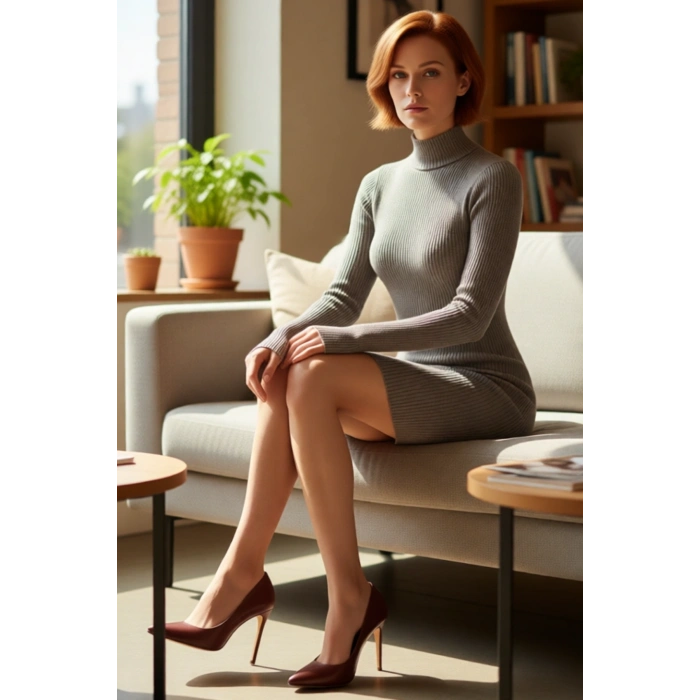 Kadın Bordo Bodycon Triko Mini Elbise Dik Yaka Uzun Kollu Kışlık Gündelik ve Tarz Bir Seçim