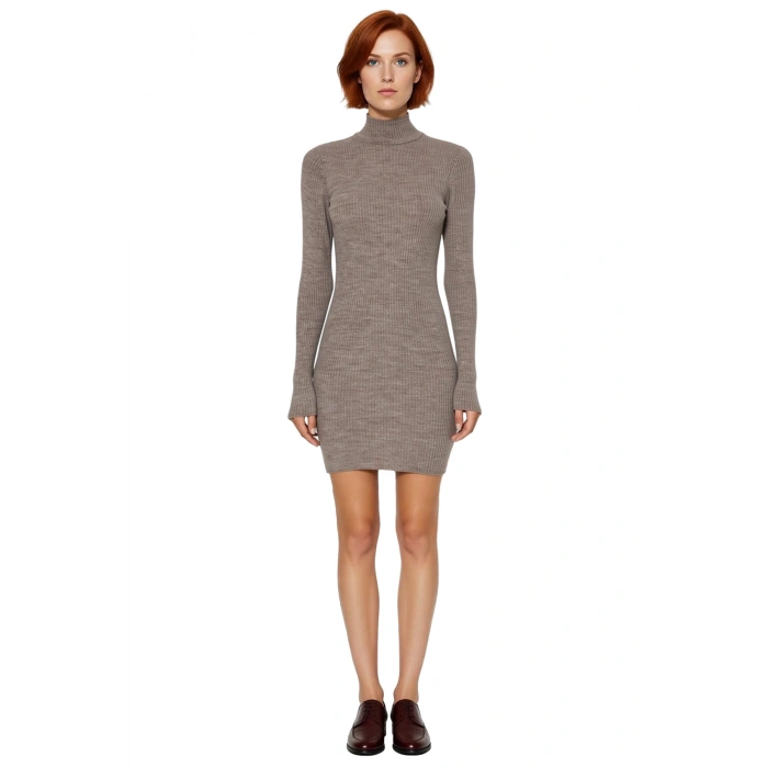 Kadın Bordo Bodycon Triko Mini Elbise Dik Yaka Uzun Kollu Kışlık Gündelik ve Tarz Bir Seçim