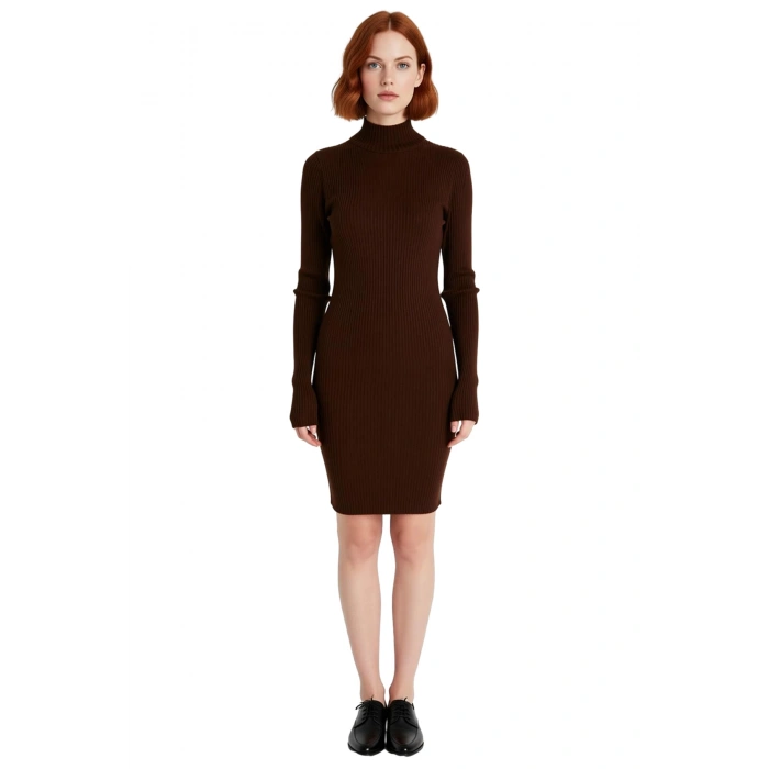 Kadın Bordo Bodycon Triko Mini Elbise Dik Yaka Uzun Kollu Kışlık Gündelik ve Tarz Bir Seçim