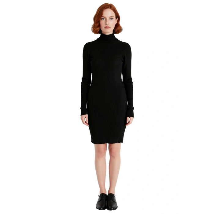 Kadın Bordo Bodycon Triko Mini Elbise Dik Yaka Uzun Kollu Kışlık Gündelik ve Tarz Bir Seçim