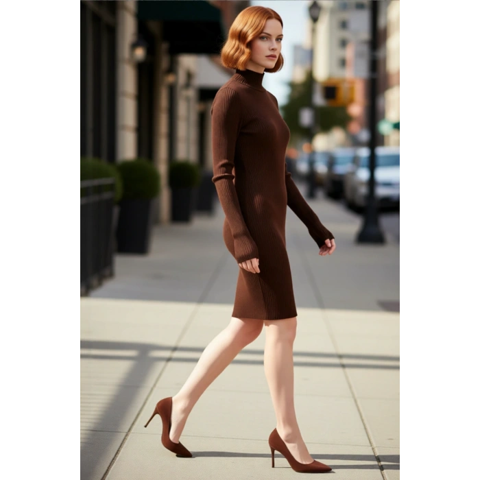 Kadın Bordo Bodycon Triko Mini Elbise Dik Yaka Uzun Kollu Kışlık Gündelik ve Tarz Bir Seçim