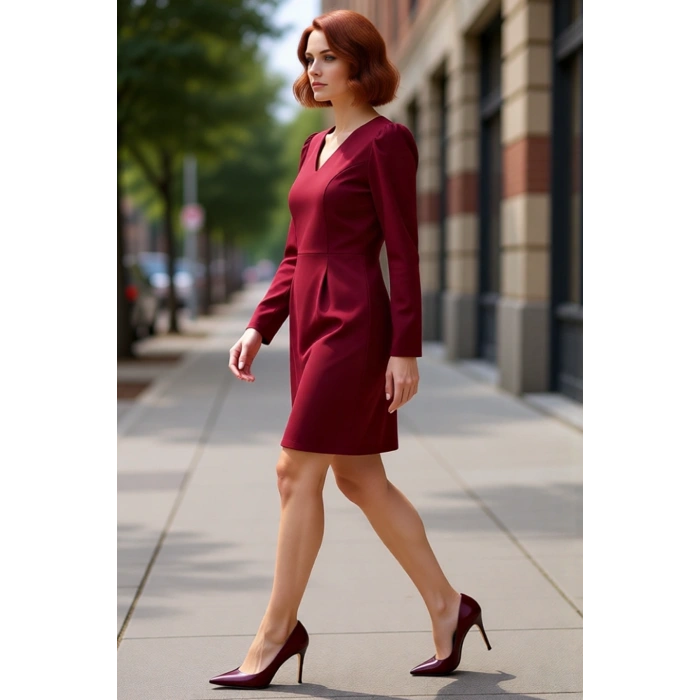 Kadın Bordo Bodycon V Yaka Balon Kol Uzun Kollu Dokuma Mini Elbise Büyük Beden Şık Günlük Kaliteli