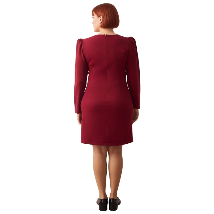 Kadın Bordo Bodycon V Yaka Balon Kol Uzun Kollu Dokuma Mini Elbise Büyük Beden Şık Günlük Kaliteli