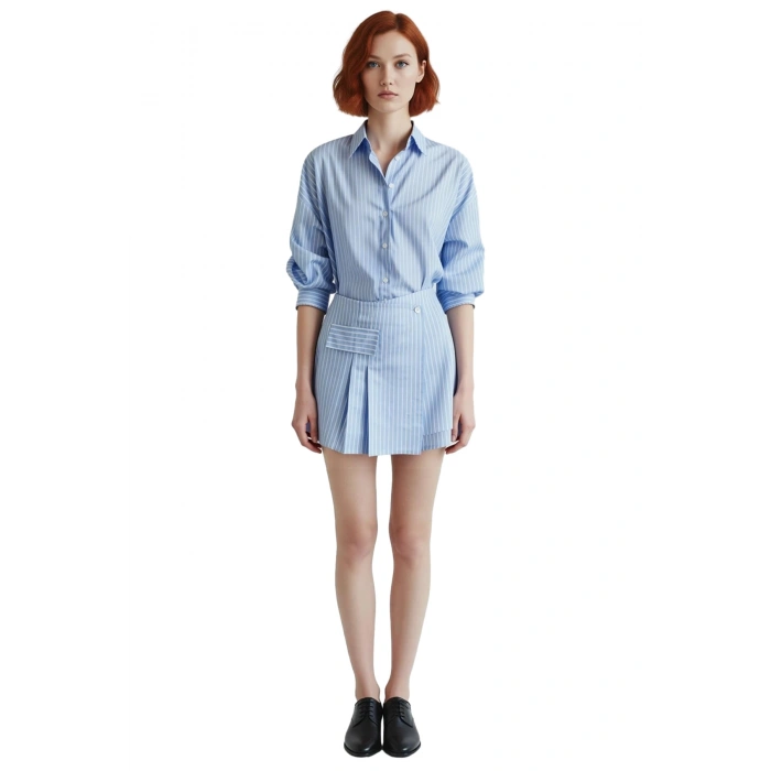 Kadın Bordo Çizgili Gömlek Elbise Vücuda Oturan Mini Boy Rahat Dokuma Kumaş İlkbahar Sonbahar Modası