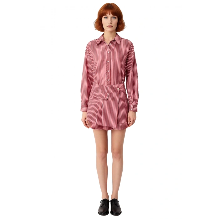 Kadın Bordo Çizgili Gömlek Elbise Vücuda Oturan Mini Boy Rahat Dokuma Kumaş İlkbahar Sonbahar Modası