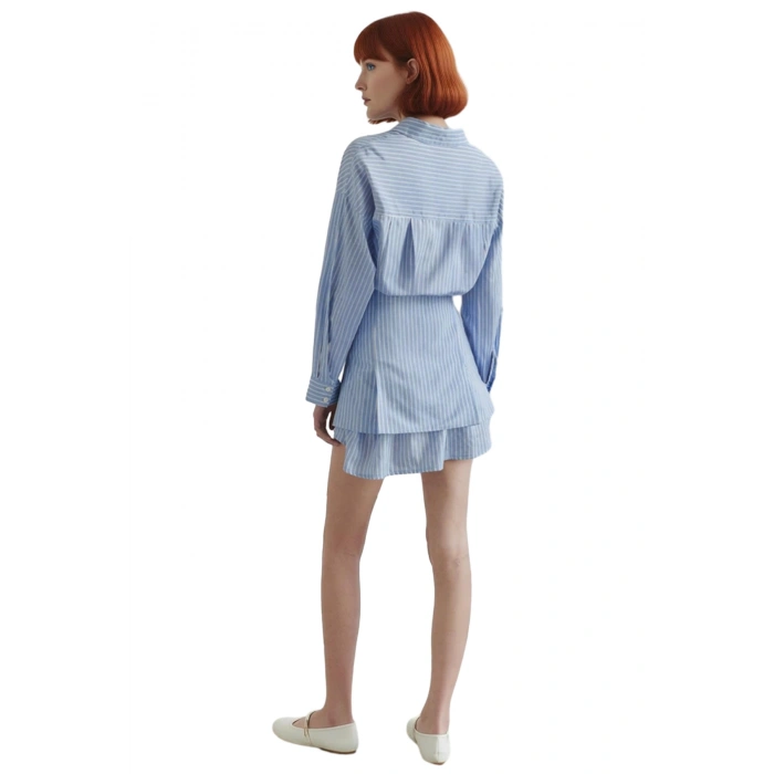 Kadın Bordo Çizgili Mini Gömlek Elbise Fashion Forward Tarzı Düğmeli Detaylı Terrycotton Kumaş