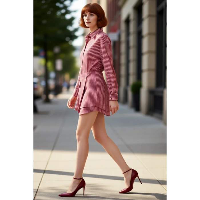 Kadın Bordo Çizgili Mini Gömlek Elbise Fashion Forward Tarzı Düğmeli Detaylı Terrycotton Kumaş