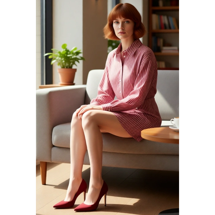 Kadın Bordo Çizgili Mini Gömlek Elbise Fashion Forward Tarzı Düğmeli Detaylı Terrycotton Kumaş