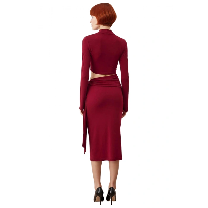 Kadın Bordo Cut Out Detaylı Midi Bodycon Elbise Dik Yaka Uzun Kollu Örme Kış Sezonu Kaliteli