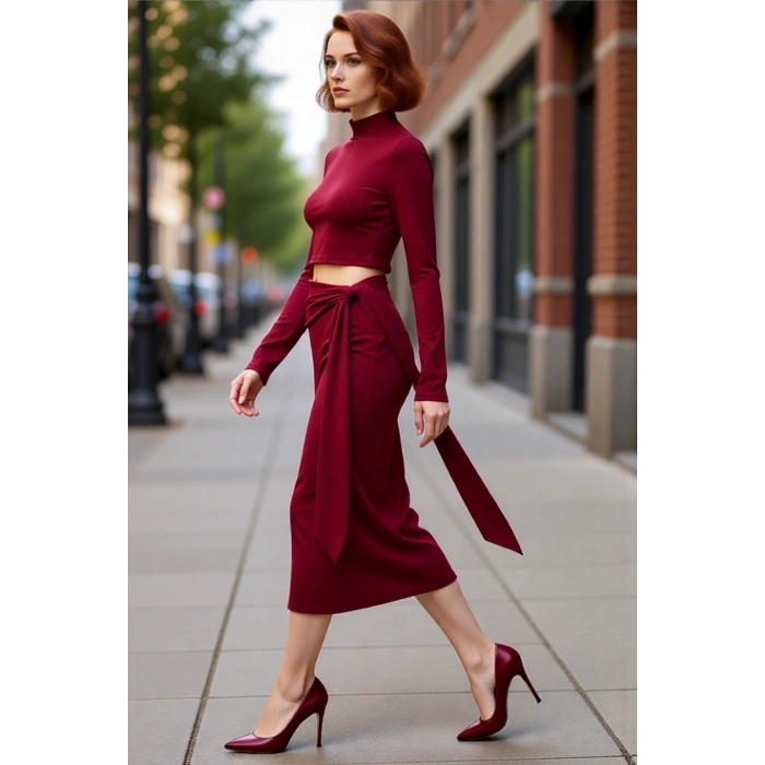 Kadın Bordo Cut Out Detaylı Midi Bodycon Elbise Dik Yaka Uzun Kollu Örme Kış Sezonu Kaliteli