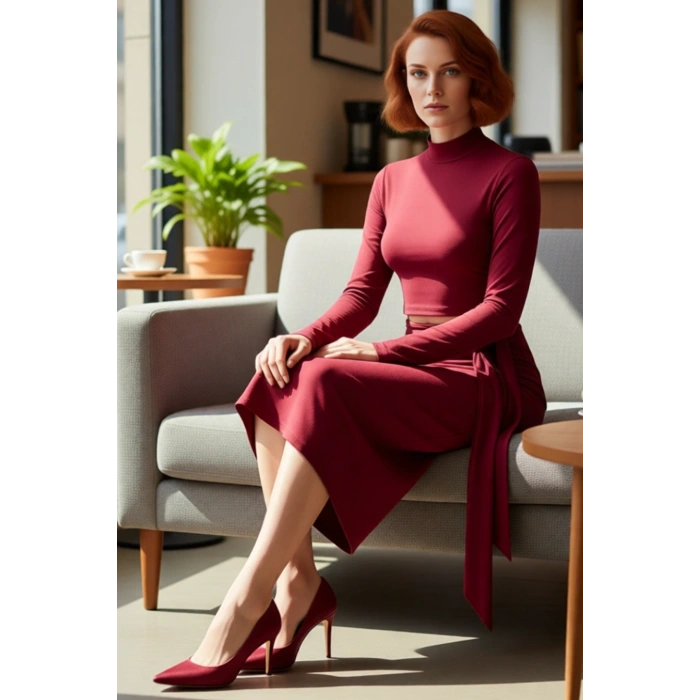 Kadın Bordo Düz Bodycon Cut Outlı Midi Örme Elbise Dik Yaka Uzun Kollu Şık Kışlık Model Kaliteli