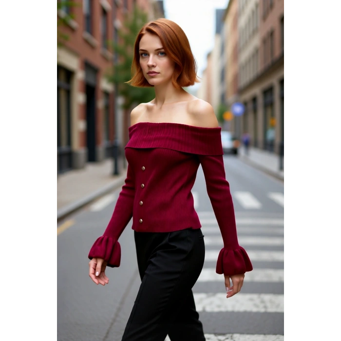 Kadın Bordo Fitted Carmen Yaka Akrilik Triko Kazak Uzun Kollu Fitilli Dokuma Şık Tasarım Kaliteli