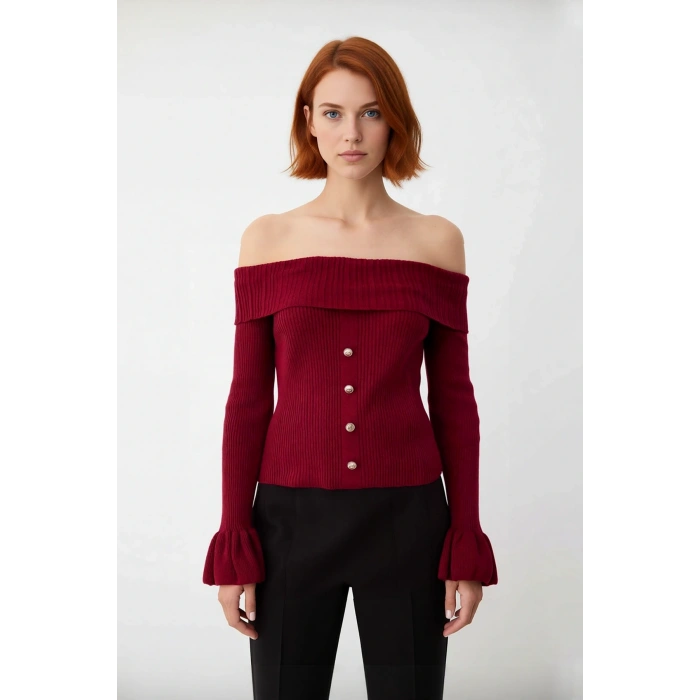Kadın Bordo Fitted Carmen Yaka Akrilik Triko Kazak Uzun Kollu Fitilli Dokuma Şık Tasarım Kaliteli