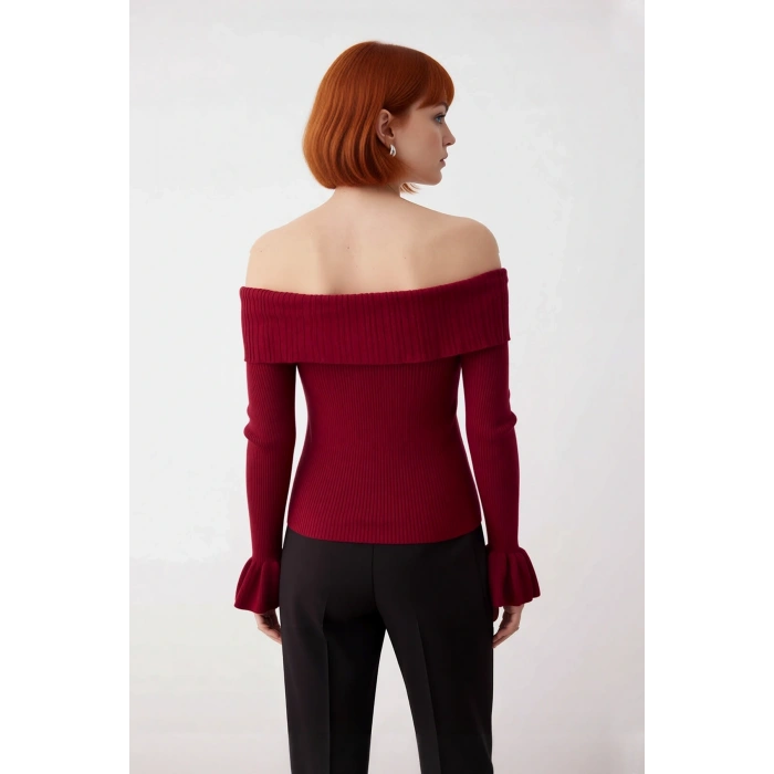 Kadın Bordo Fitted Carmen Yaka Akrilik Triko Kazak Uzun Kollu Fitilli Dokuma Şık Tasarım Kaliteli